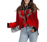 John Moon Camisas de Manga Larga con Botones Occidentales Bordadas para Mujer, Blusas Casuales Retro, Rojo -, Medium