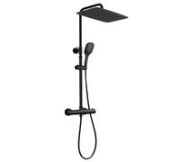 JOHO Columna de Ducha Negra con Grifo Termostático Acero inoxidable 304 Barra Ducha Reuglable en Altura Columna de Hidromasaje Ducha y Ducha Cuadrada Lluvia 35*25cm