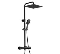 JOHO Columna de Ducha con Grifo Termostático Negro Barra Ducha Reuglable en Altura Acero inoxidable 304 Ducha Cuadrada Lluvia 25 * 25cm