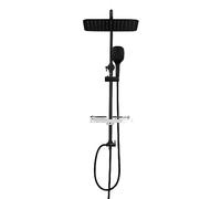 JOHO Columna de Ducha en Acero INOX sin Grifo Termostático, Conjunto ducha con Barra Ducha Altura Adjustable, Cabezal Ducha Lluvia 35x25 cm y Estante, Negro