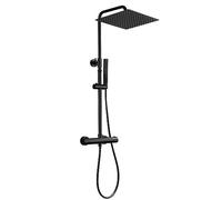 JOHO Columna de Ducha Negro con Grifo Termostático Columna Ducha Termostática Monomando Barra Altura Ajustable con Ducha de Mano y Alcachofa para Ducha Lluvia Cuadrada 30x30cm