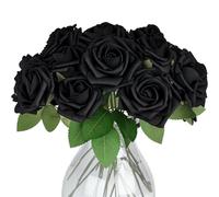 JOHOUSE 30 Rosas Negras, Rosas de imitación de un Solo Tallo para Ramos de Boda, Halloween, Fiesta, decoración del hogar, 3 tamaños con 2 Hojas