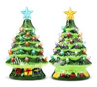 Joiedomi 2 Sets Árbol de Navidad de Cerámica de 18 cm con Diseño de Caja de Regalo y Dulces, Mini Árbol de Navidad de Mesa Iluminado con Adorno de Estrella Azul