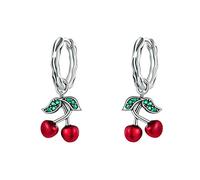 Joielavie - Pendientes de aro de plata 925 para mujer, niña, fruta, cereza, esmaltada, hoja de circón verde, colgante, Plata de ley