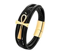 Joielavie - Pulsera egipcia (19 cm, cruz de la vida, oro con hebilla magnética, multi filas, tejido de cuero genuino, acero inoxidable, vintage, joyas
