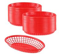 JOIKIT 60 cestas rojas de comida rápida, 23 x 14,5 x 4 cm, cesta ovalada de plástico reutilizable para patatas fritas, hamburguesas, perros calientes