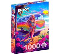 Join - Puzzle para mujer hippie en la playa con ilustración de van de paz - Puzzle de 1000 piezas para adultos - Acabado mate, suave al tacto, fácil de montar, corte ajustado, colores vivos