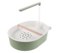 JOINPAYA Baño para Pájaros con Bomba Ajustable USB, Bañera Grande para Loros y Periquitos, Contenedor Azul Gris Verdoso con Tubo Transparente de 20 Cm y Barra de Madera de Haya para Jaulas
