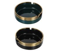 JOINPAYA Cenicero de Cerámica Redondo para Decoración y Uso Exterior, 2 Piezas en Negro y Verde Oscuro Borde Dorado, Portátil y Resistente para Oficina, Jardín y Automóvil