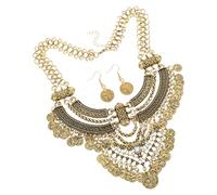 JOINPAYA Conjunto de Joyas para Mujer con Collar Corto Vintage de Moneda y Borla, Aleación Dorada, Estilo Bohemio Retro para Uso Diario y Aventuras al Aire Libre