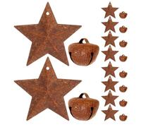 JOINPAYA Juego de 48 Campanas Rústicas de Metal Oxidado para Decoración Navideña, 24 Estrellas de 4 Cm y 24 Campanas Cruz de 2 Cm, Adornos Colgantes para Árbol de Navidad y Manualidades