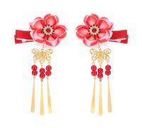 JOINPAYA Pinzas Cabello Japonesas Diseño de Flor de Cerezo y Campanas, Color Rojo, Par de Clips Borlas Largas para Mujeres y Niñas, Accesorio Tradicional para Kimono y Fiesta
