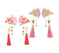 JOINPAYA Pinzas Pelo Estilo Abanico Japonés 4 Piezas, Accesorios para Cabello Kimono con Borlas y Campanas, Colores Rojo y Rosa, Tocado Tradicional para Boda y Uso Diario