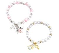 JOINPAYA Pulsera de Cuentas Elásticas Diseño de Cruz Hueca para Mujer, 2 Piezas (blanco y Rosa Blanco), Joyería Religiosa para Bautizo, Pulseras Delicadas y Cadenas de Color Aleatorio