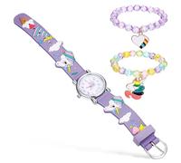 JOINPAYA Reloj Infantil De Unicornio y Pulseras a Juego, Color Lavanda, Correa Flexible, Números Arábigos, para Niñas, Obsequio Cumpleaños y Uso Diario, Set De 3 Piezas