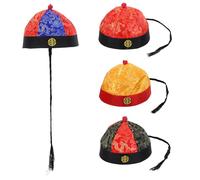 JOINPAYA Sombrero Tradicional Chino Qing para Adultos Tamaño Grande Gorro Vintage con Trenza en Colores Rojo y Azul Rojo y Negro y Diseño de Flores para Cosplay Teatral y Fiestas