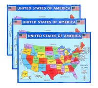 jojofuny 3 Pósters Educativos de Mapa de Estados Unidos para Pared, Laminados y Resistentes al Desgaste, Etiquetas Claras de Estados y Ciudades, Ideales para Decoración de Aula y
