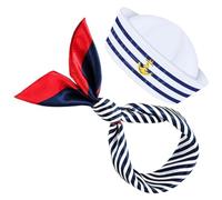 jojofuny Conjunto de Gorro y Bufanda Náutica en Poliéster para Mujer, Diseño a Rayas Azul y Blanco, Cómodo para Fiestas Temáticas