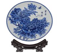 jojofuny Plato Decorativo de Cerámica Azul y Blanco de 25 CM con Soporte de Madera Plato Artístico Redondo para Comida y Decoración del Hogar Bandeja de Cerámica para Servir Cocina o