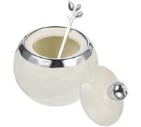 jojofuny Tarro de Cerámica para Condimentos con Tapa y Cuchara Recipiente para Azúcar y Sal de Cocina Diseño Esférico Color Blanco Leche con Borde Plateado Adecuado para Almacenamiento