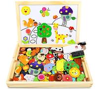 Jojoin 110 pcs Puzzles de Madera, Juguete Educativo con Pizarra Magnética para Dibujo de Doble Cara, Rompecabezas para NIños de 3 4 5 Años (Animales en Bosque) Pascua