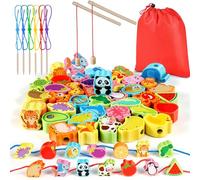 Jojoin 46 Piezas Cuentas de Madera Juguete Enhebrar - 2 en 1 Montessori Juguetes Juego de Pescar para Niños | Fruta Vegetal Animal - Juguetes Educativos Regalo de Pascua para Niños 3 4 5 6 7 años