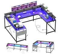 Jojoka Escritorio para juegos de computadora en forma de U, escritorio reversible en forma de L con tomas de corriente, tira LED y soporte para monitor, escritorio de esquina grande con estantes de