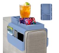 Jokapy Bandeja para sofá con reposabrazos, bandeja antideslizante de silicona para sofá con bolsillo lateral, estante para reposabrazos de sofá, dos ranuras para latas de bebidas con control remoto