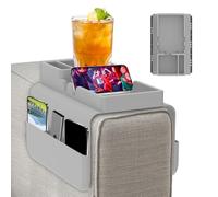 Jokapy Bandeja para sofá con reposabrazos, bandeja antideslizante de silicona para sofá con bolsillo lateral, reposabrazos para sofá, dos ranuras para latas de bebidas con control remoto, tazas de