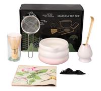 Jokapy Matcha Set de 7 piezas: cuenco, cuchara, batidor, colador, toalla té, tetera y whisk, juego tradicional para amantes del té (rosa)