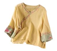 JokeLomple Blusa de Lino Holgada con Botones y Bordados para Mujer, Estilo Retro, Estilo literario, con Hebilla y Estilo étnico (Yellow, XL)