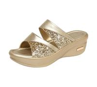 JokeLomple Zapatillas frescas de Boca de pescado de gran tamaño con parte inferior gruesa y tacón inclinado de diamantes de imitación de verano para mujer (Gold, 41)