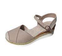 JokeLomple Zapatos de cuña de corte con tira trasera para mujer, zapatos de lona con bloques de color y cuña (Khaki, 37)