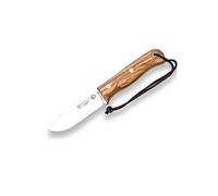 Joker Cuchillo de Caza Deportivo Campero CO118-P, Hoja de 10,5 cm, Mango de Madera de Olivo de 11,5 cm, Funda de Cuero marrón con pedernal, Herramienta de Pesca, Caza, Camping y Senderismo