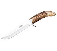 Joker Cuchillo de Caza Jabato CT34 con Mango de asta de Ciervo Tallado a Mano, Hoja de 17 cm, Funda de Cuero marrón. Herramienta de Pesca, Caza, Camping y Senderismo