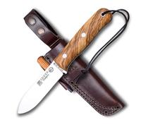 Joker Cuchillo Deportivo de Caza Trampero CO113-P, Mango de Madera de Olivo, Funda Piel con pedernal, Hoja de 10 cm de Acero Sandvik 14c28n, Herramienta de Pesca, Caza, Camping y Senderismo
