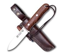 Joker Cuchillo Deportivo de Monte y Caza Trampero CN113-P, Mango de Madera de Nogal, Hoja de 10 cm, Funda Piel marrón, Incluye pedernal, Herramienta de Pesca, Caza, Camping y Senderismo