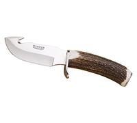 Joker Cuchillo desollador Desmogue-D CC28, mango de ciervo, hoja MOVA de 11 cm, funda de cuero marrón, herramienta de pesca, caza, camping y senderismo