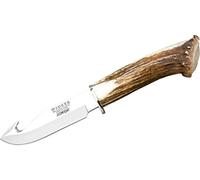 Joker Cuchillo desollador Hurón CN74, Mango de asta de Ciervo, Hoja MOVA de 11 cm, Funda de Cuero marrón, Herramienta de Pesca, Caza, Camping y Senderismo
