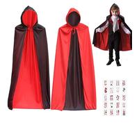 JOKILY Disfraz de Halloween, Capa de Vampiro de 120 cm, Capa para Niños con Capucha, Disfraz de Vampiro con 20 Tatuajes para Niños, Hombres, Mujeres, Halloween, Fiesta, Cosplay (A)