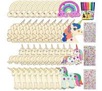 JOKILY Juego de manualidades de unicornio, 55 piezas, caballos, manualidades de madera, para niños, cumpleaños infantiles, juego de manualidades de madera con 12 lápices de colores y 3 pegatinas de
