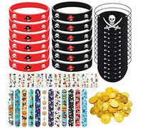 JOKILY Regalos para fiesta de piratas, 58/70 unidades, regalo de cumpleaños infantil con pulsera de silicona, parche para ojos piratas, monedas piratas, tatuajes, disfraz de pirata, accesorios para