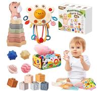 JOKSNK Montessori Tren de juguete a partir de 1 año, 5 en 1 juguete para bebé, torre apilada, cajas de pañuelos, juguetes apilados, bolas de apretón, regalo para niños y niñas de 6 9 12 meses 1 2 3