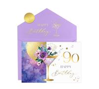 Joli Coon Tarjeta cumpleaños 90 ELEGANT - Tarjeta plegable premium con ilustración floral de martini y sobre en tonos pastel - Tarjeta de cumpleaños 90 mujer