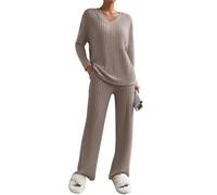 Joligiao Conjunto de Pijama para Mujer con Camiseta Manga Larga Cuello en V y Pantalón Largo Conjunto Dos Piezas de Tejido Transpirable Casual Homewear Pijama Solid Primavera y Otoño Kahki S