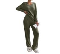 Joligiao Conjunto de Pijama para Mujer con Camiseta Manga Larga Cuello en V y Pantalón Largo Conjunto Dos Piezas de Tejido Transpirable Casual Homewear Pijama Solid Primavera y Otoño Verde militar XXL