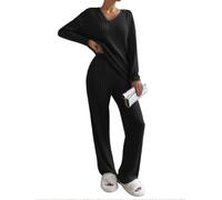 Joligiao Conjunto de Pijama para Mujer con Camiseta Manga Larga Cuello en V y Pantalón Largo Conjunto Dos Piezas de Tejido Transpirable Casual Homewear Pijama Solid Primavera y Otoño Negro XL