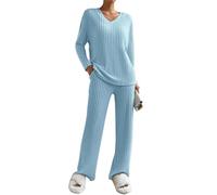 Joligiao Conjunto de Pijama para Mujer con Camiseta Manga Larga Cuello en V y Pantalón Largo Conjunto Dos Piezas de Tejido Transpirable Casual Homewear Pijama Solid Primavera y Otoño Azul XXL