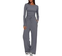Joligiao Conjunto Deportivo Mujer 2 Piezas Chándales Para Mujer Suave Top Manga Larga y Pantalón Anchos Recto con Bolsillo Salón de Cómodo Moda Color Sólido para Fitness Jogging(Gris oscuro,XL)