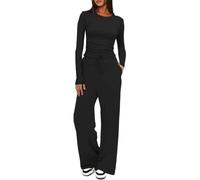 Joligiao Conjunto Deportivo Mujer 2 Piezas Chándales Para Mujer Suave Top Manga Larga y Pantalón Anchos Recto con Bolsillo Salón de Cómodo Moda Color Sólido para Fitness Jogging(Negro,L)